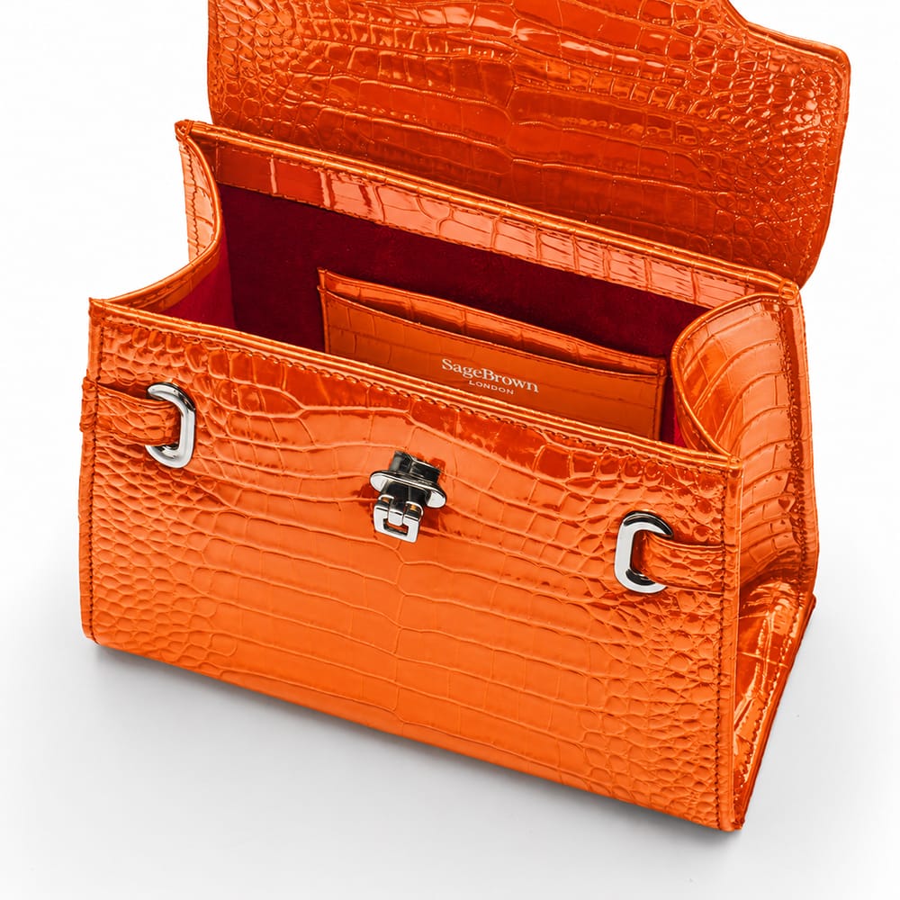 Leather Mini Catherine Bag, Orange Patent Croc Effect, inside