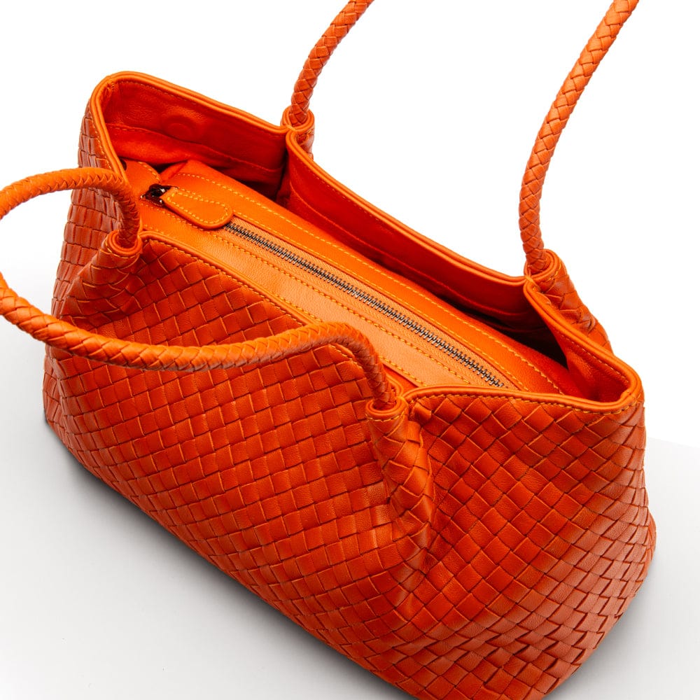 Midi woven leather bag, orange, inside