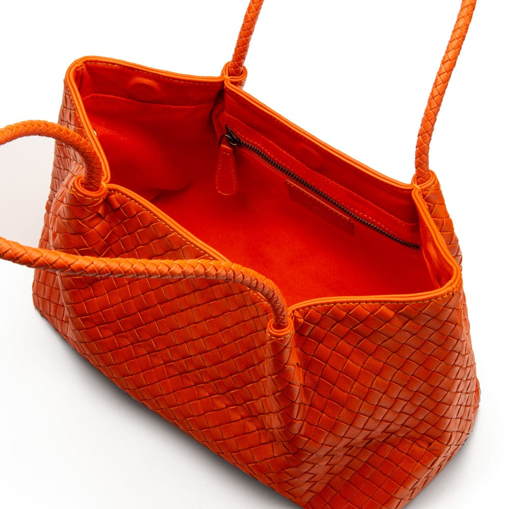 Midi woven leather bag, orange, open