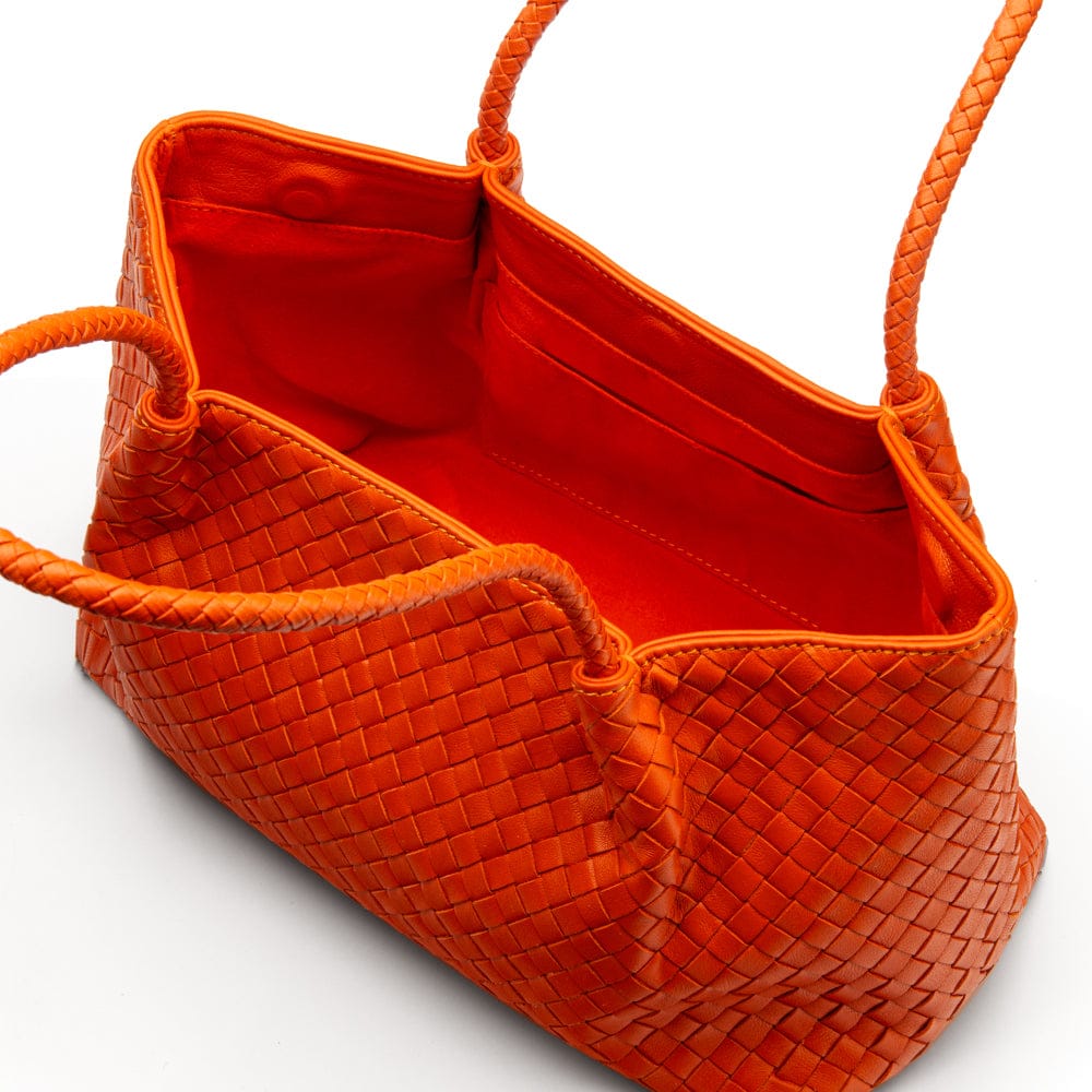 Midi woven leather bag, orange, open view