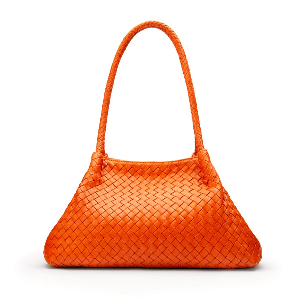 Midi woven leather bag, orange, trapeze 