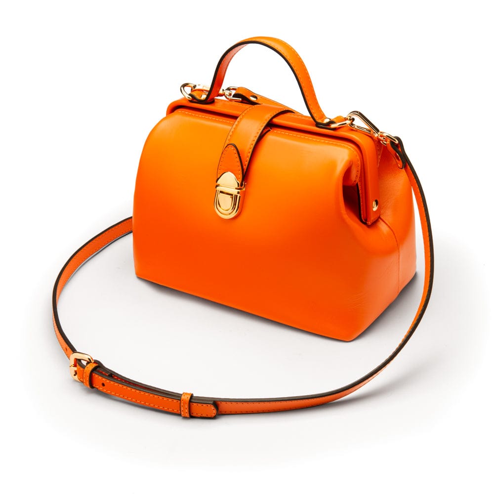 Mini leather Gladstone bag, orange, with shoulder strap