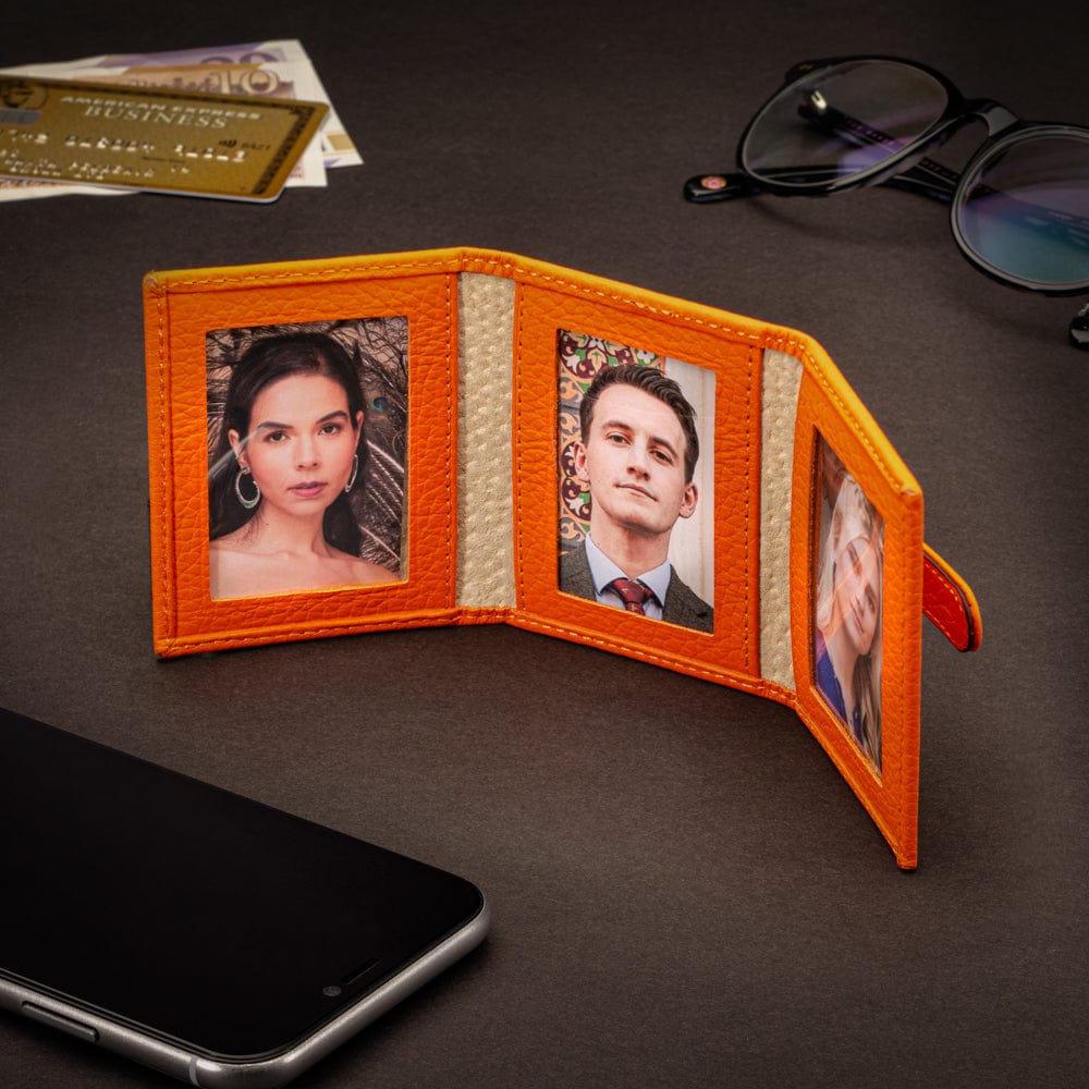 Mini leather trifold photo frame, orange, 60 x 40mm, lifestyle