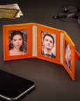 Mini leather trifold photo frame, orange, 60 x 40mm, lifestyle