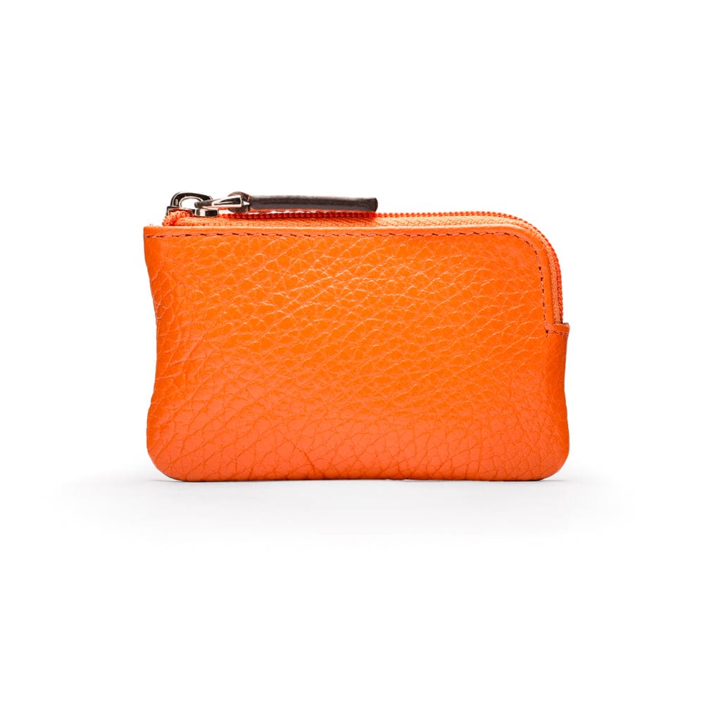 Miniature leather coin purse with key chain, orange, front