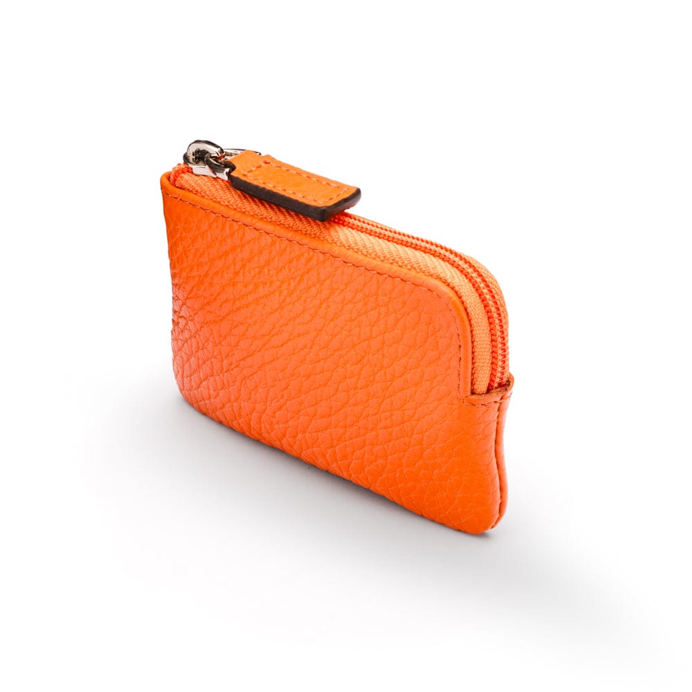 Miniature leather coin purse with key chain, orange, top