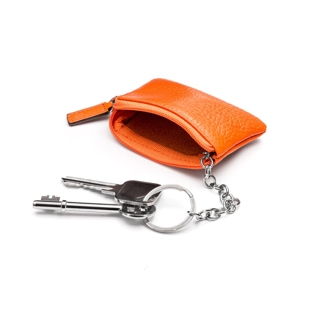 Miniature leather coin purse with key chain, orange, inside