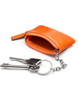 Miniature leather coin purse with key chain, orange, inside