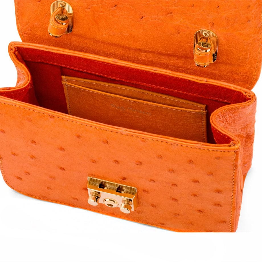 Small ostrich leather top handle bag, orange ostrich, inside