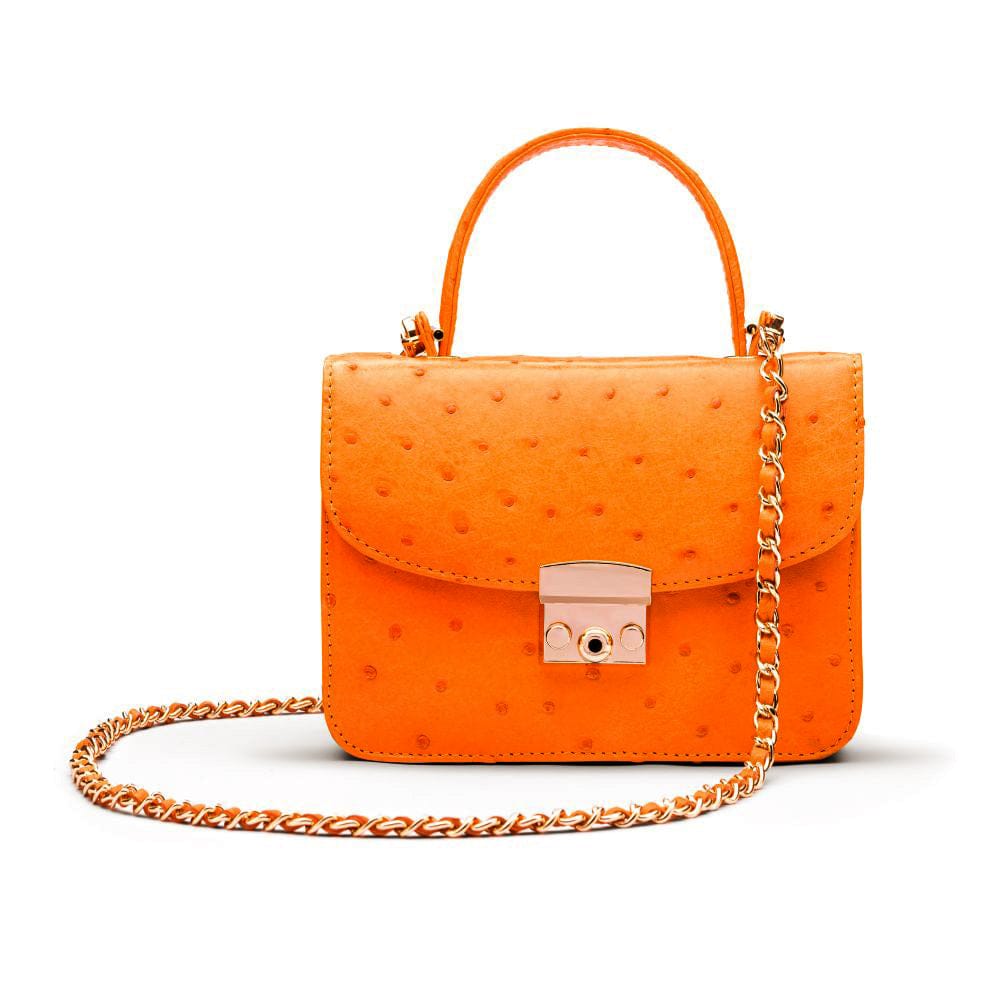 Small ostrich leather top handle bag, orange ostrich, with chain strap