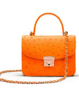 Small ostrich leather top handle bag, orange ostrich, with chain strap