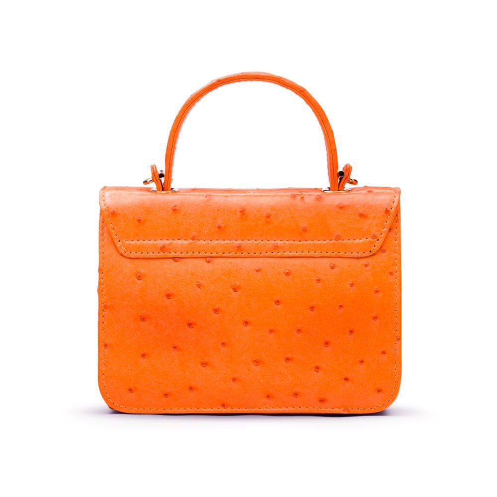 Small ostrich leather top handle bag, orange ostrich, back