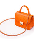 Small ostrich leather top handle bag, orange ostrich, side