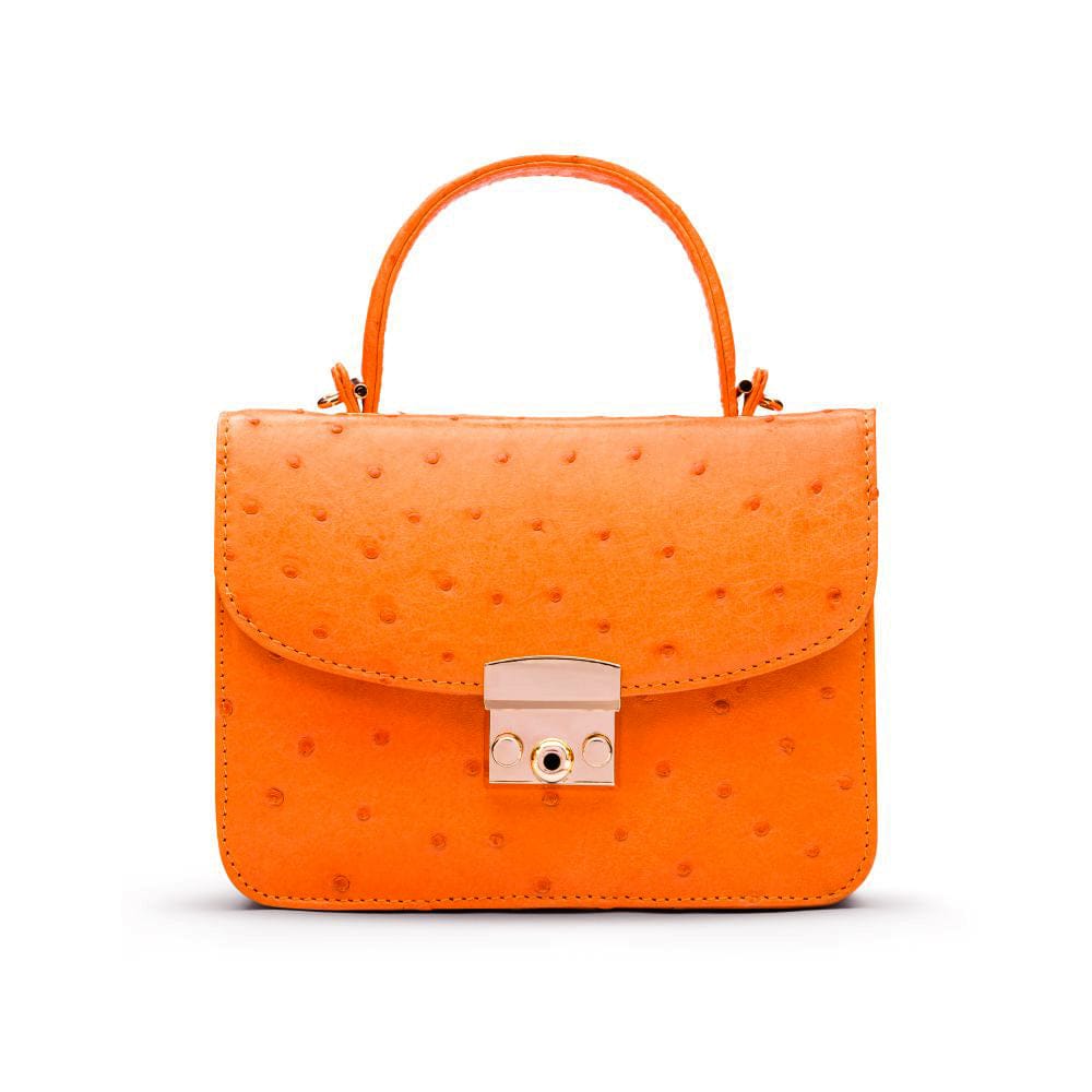 Small ostrich leather top handle bag, orange ostrich, front