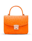 Small ostrich leather top handle bag, orange ostrich, front