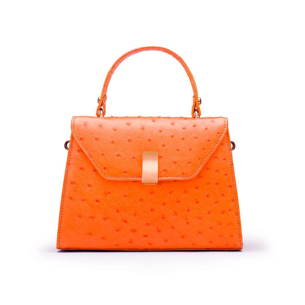 Ostrich leather top handle bag, orange, front