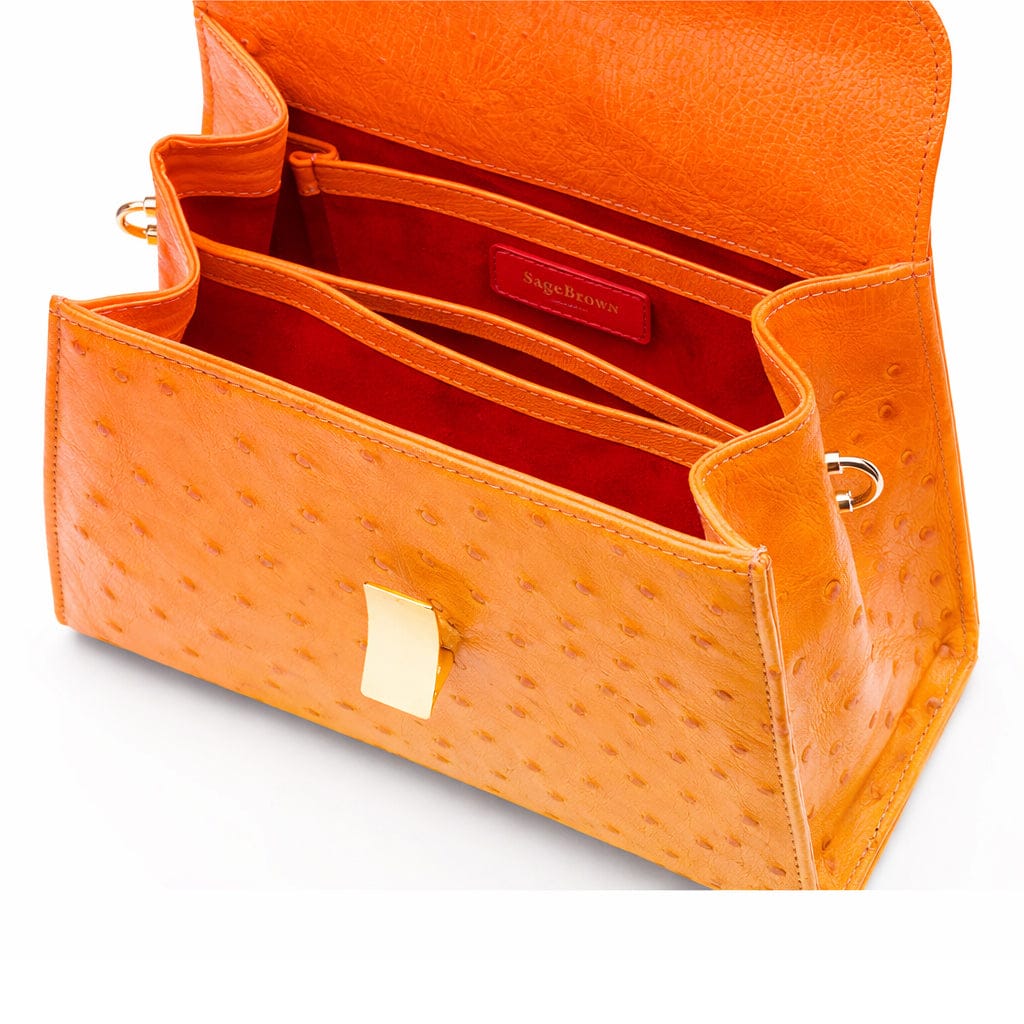 Ostrich leather top handle bag, orange, inside