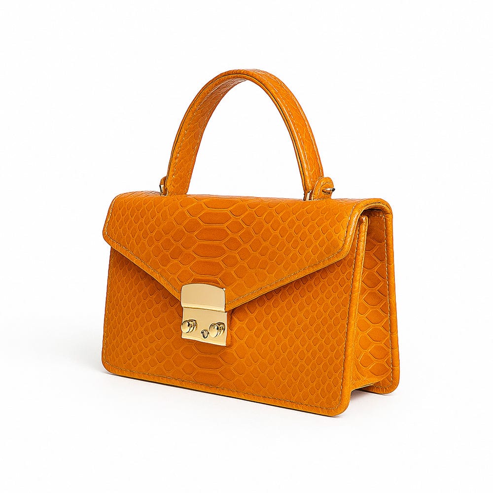 Real python Maya top handle bag, orange, side