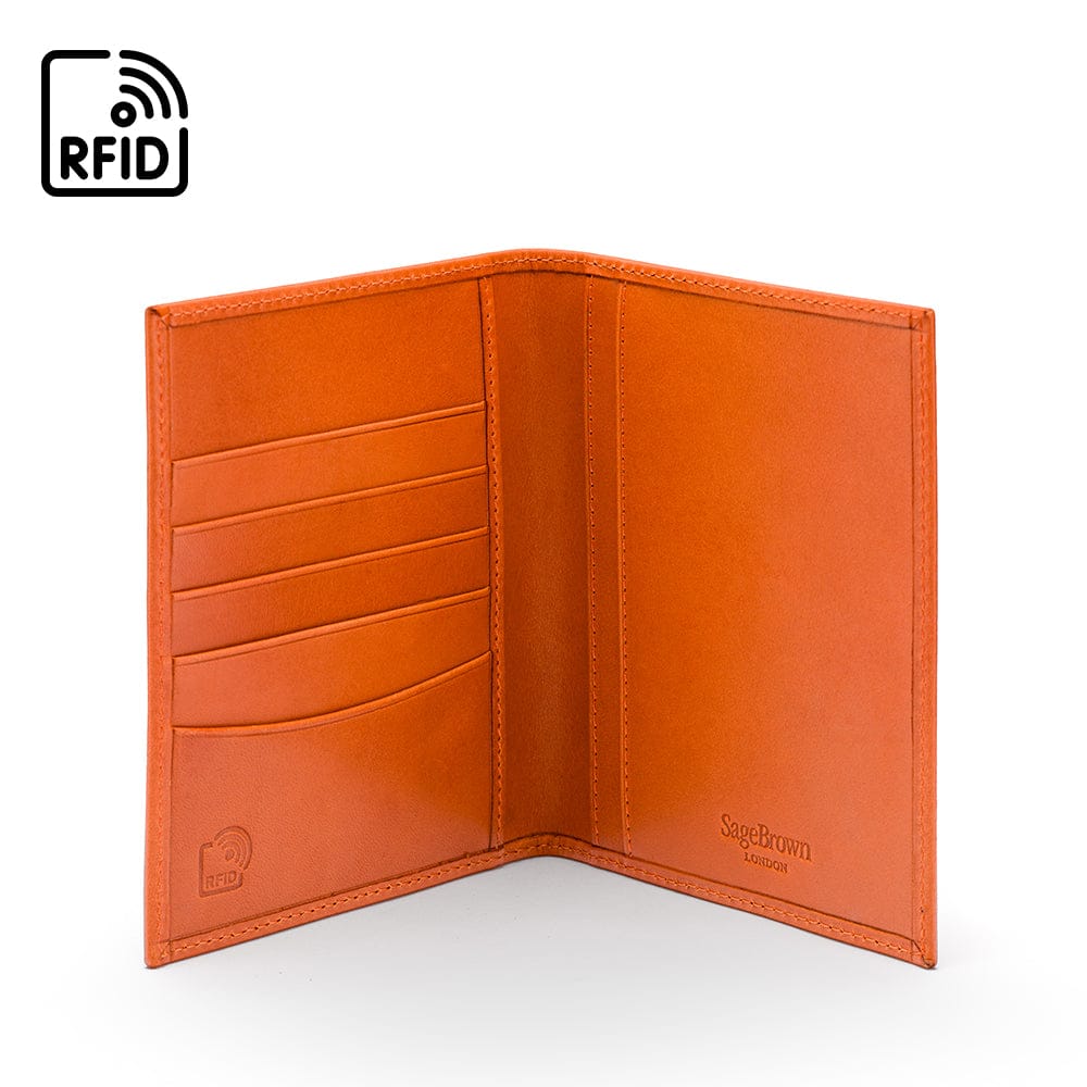 RFID leather passport holder, orange, inside view