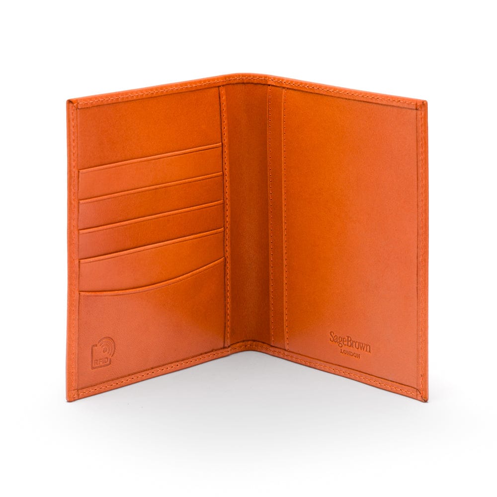 RFID leather passport holder, orange, inside