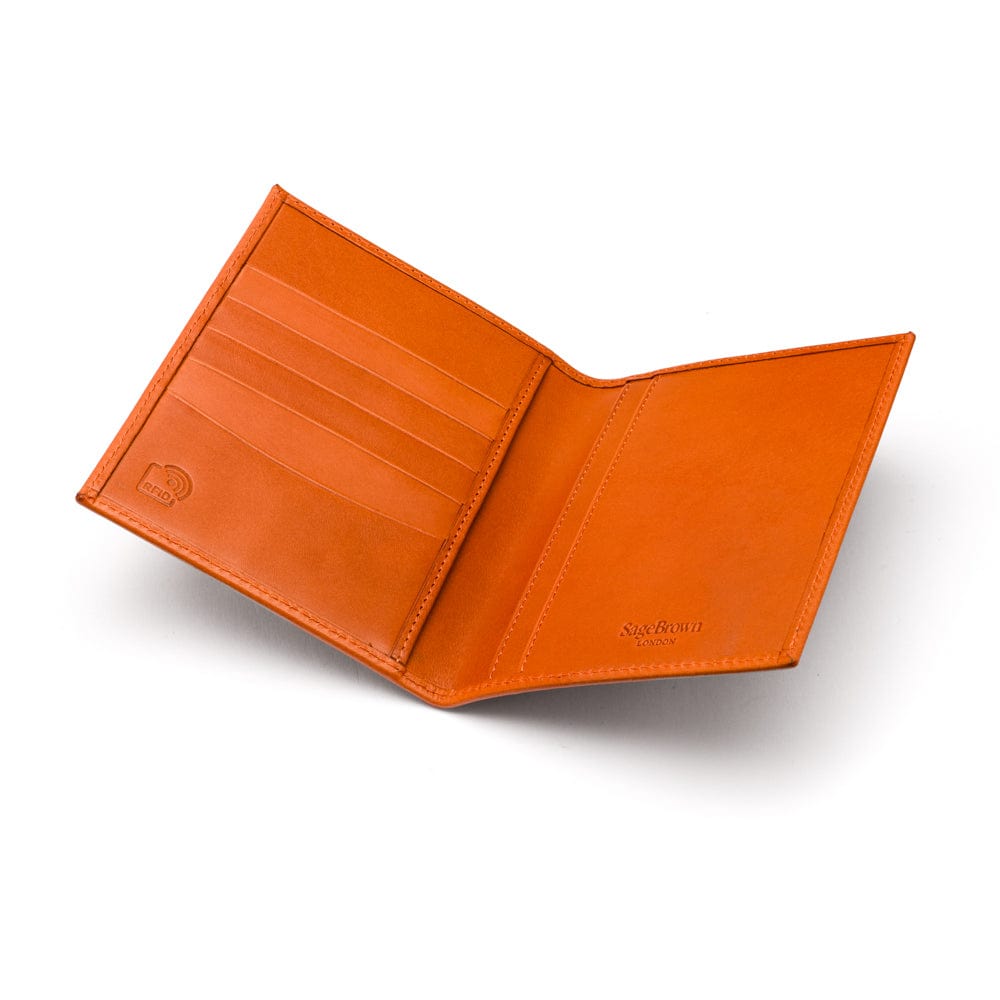 RFID leather passport holder, orange, open