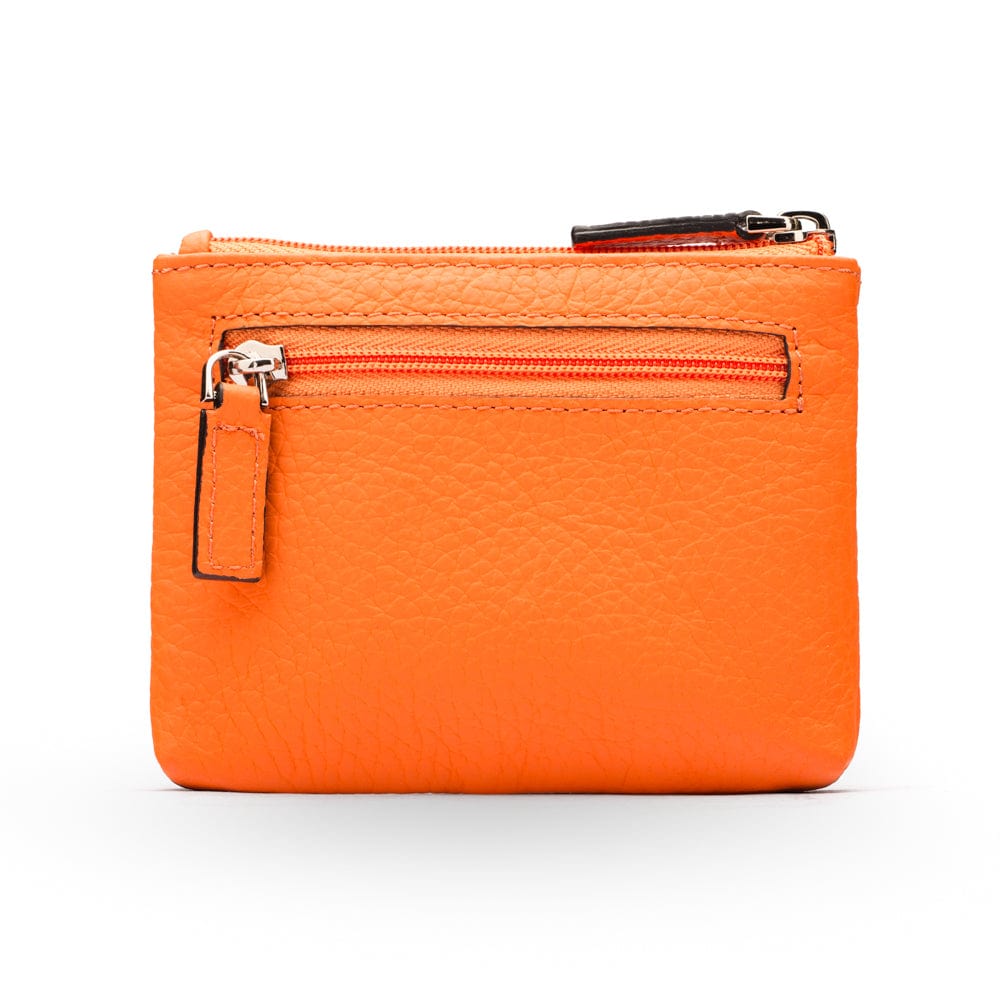 RFID Small leather zip coin pouch, orange pebble grain, front