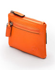 RFID Small leather zip coin pouch, orange pebble grain, back side