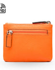 RFID Small leather zip coin pouch, orange pebble grain, front view