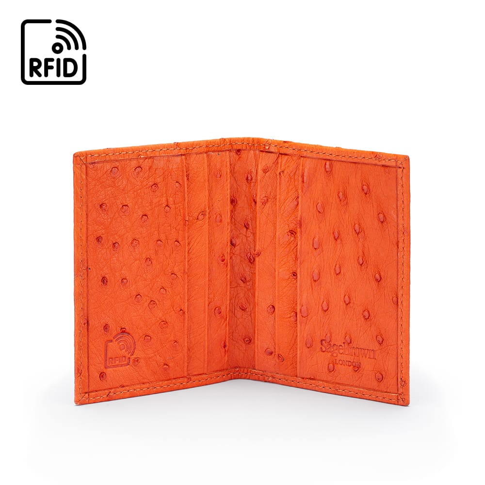 Slim Real Ostrich Leather Bifold Card Wallet with RFID, Orange, inside