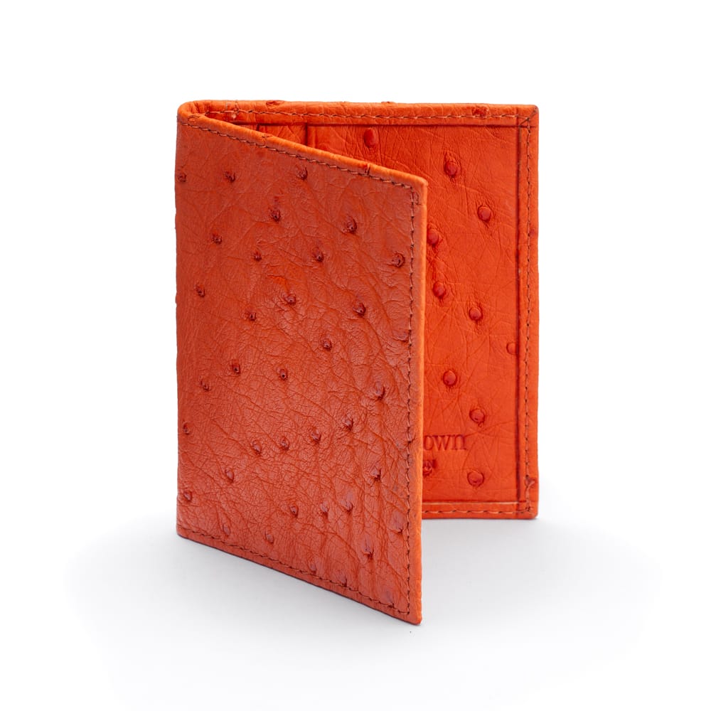 Slim Real Ostrich Leather Bifold Card Wallet with RFID, Orange, front
