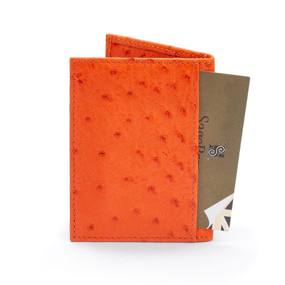 Slim Real Ostrich Leather Bifold Card Wallet with RFID, Orange, back