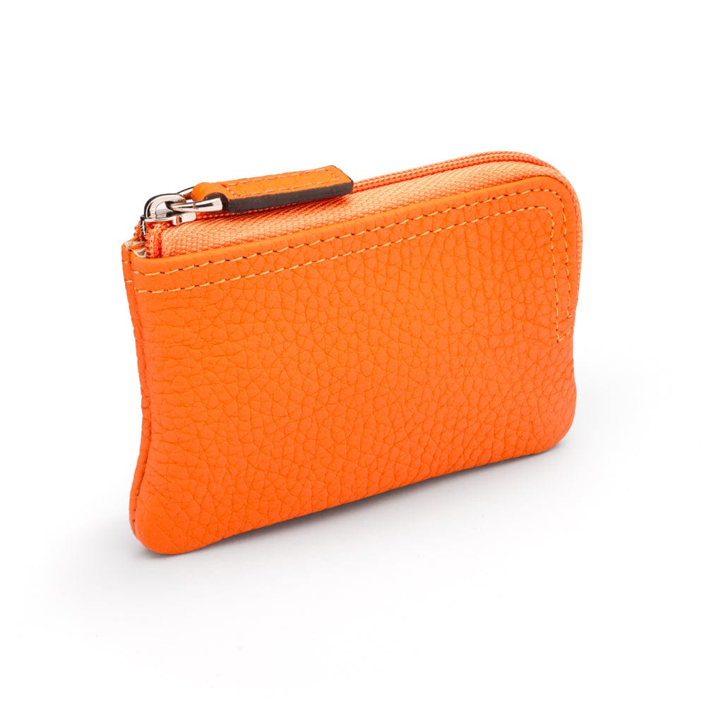 Small leather coin purse with key chain, orange, top