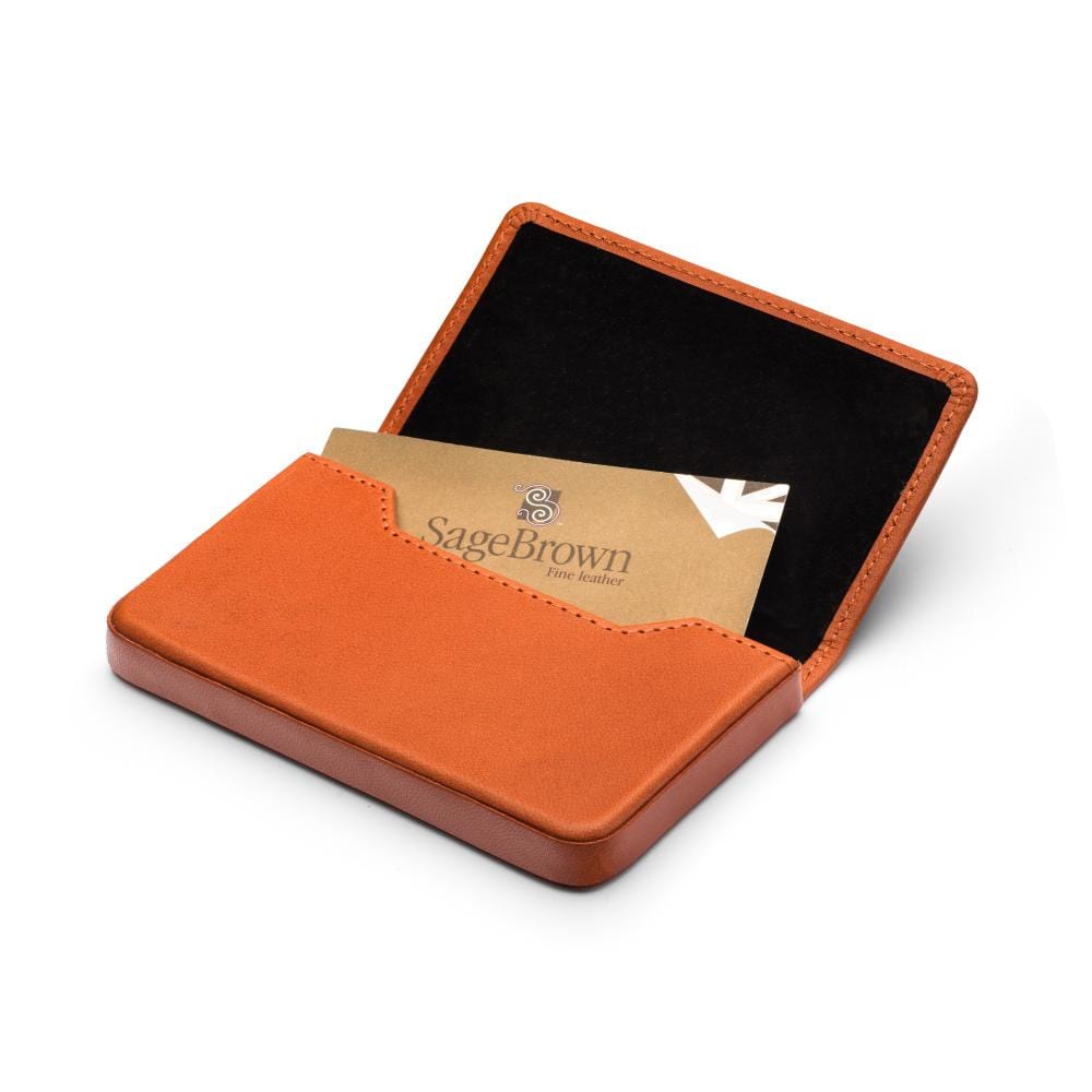 Leather business card holder with magnetic closure, orange, inside