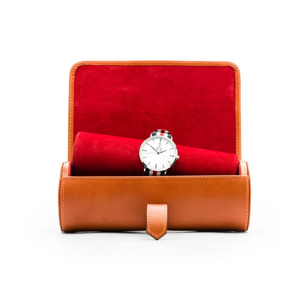 Large leather watch roll, orange, open