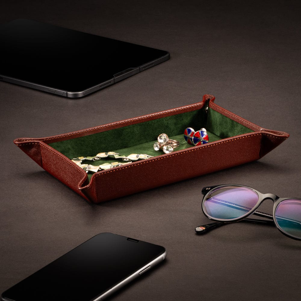 Rectangular leather valet tray, dark tan with green, lifestyle