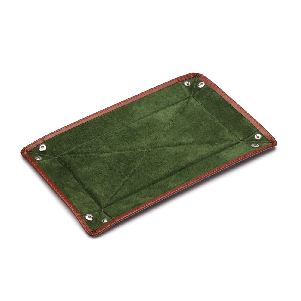 Rectangular leather valet tray, dark tan with green, flat