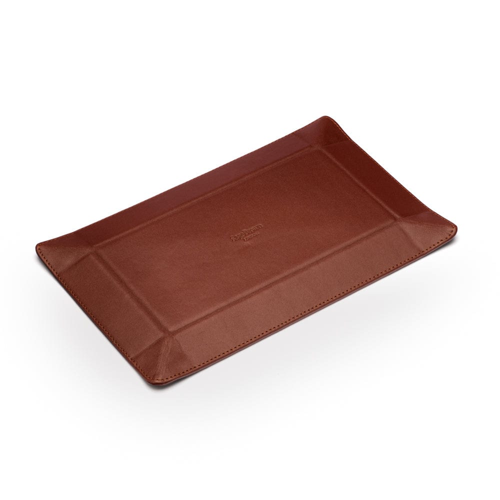 Rectangular leather valet tray, dark tan with green, flat base