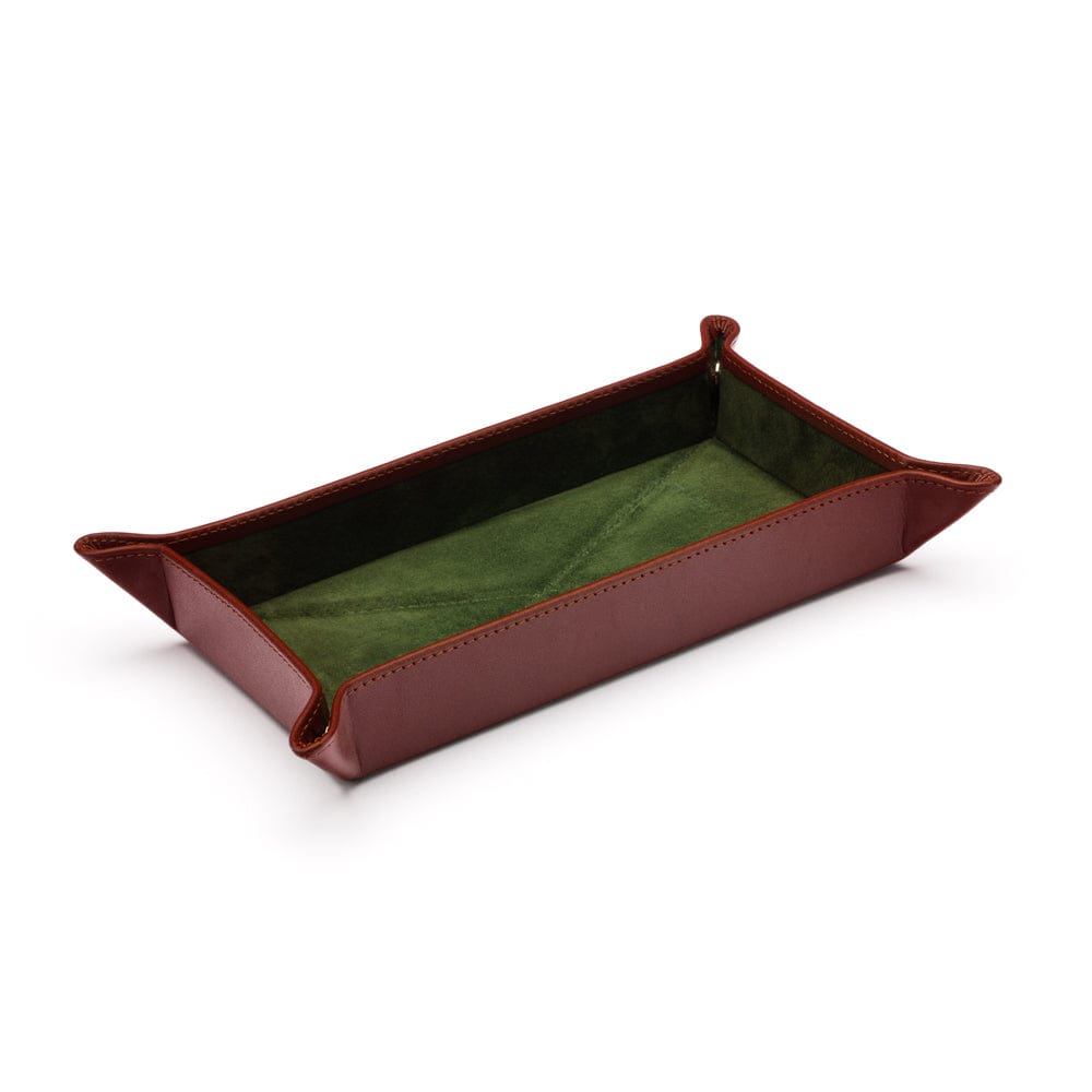 Rectangular leather valet tray, dark tan with green