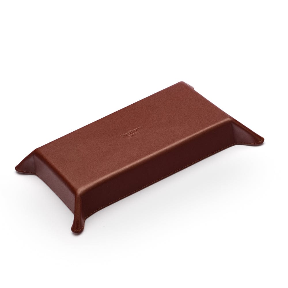 Rectangular leather valet tray, dark tan with green, base