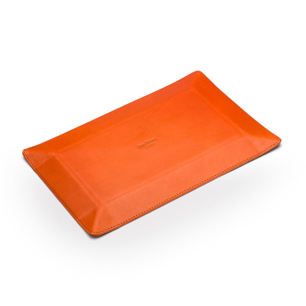 Rectangular leather valet tray, orange with red, open flat base
