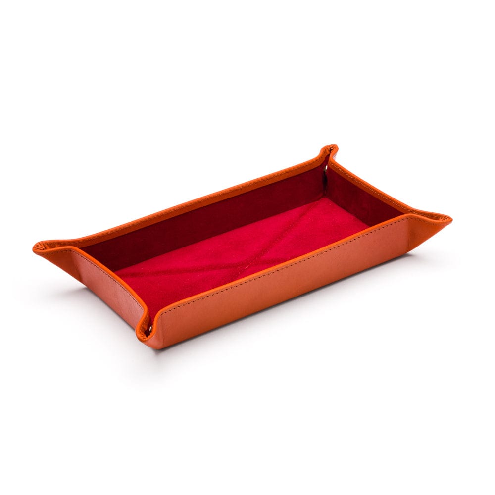 Rectangular leather valet tray, orange with red