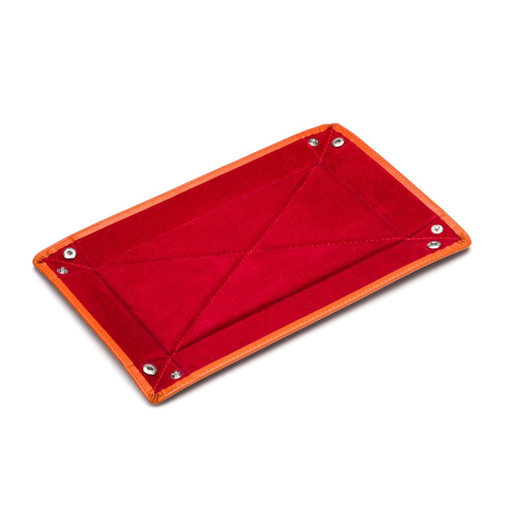 Rectangular leather valet tray, orange with red, open flat