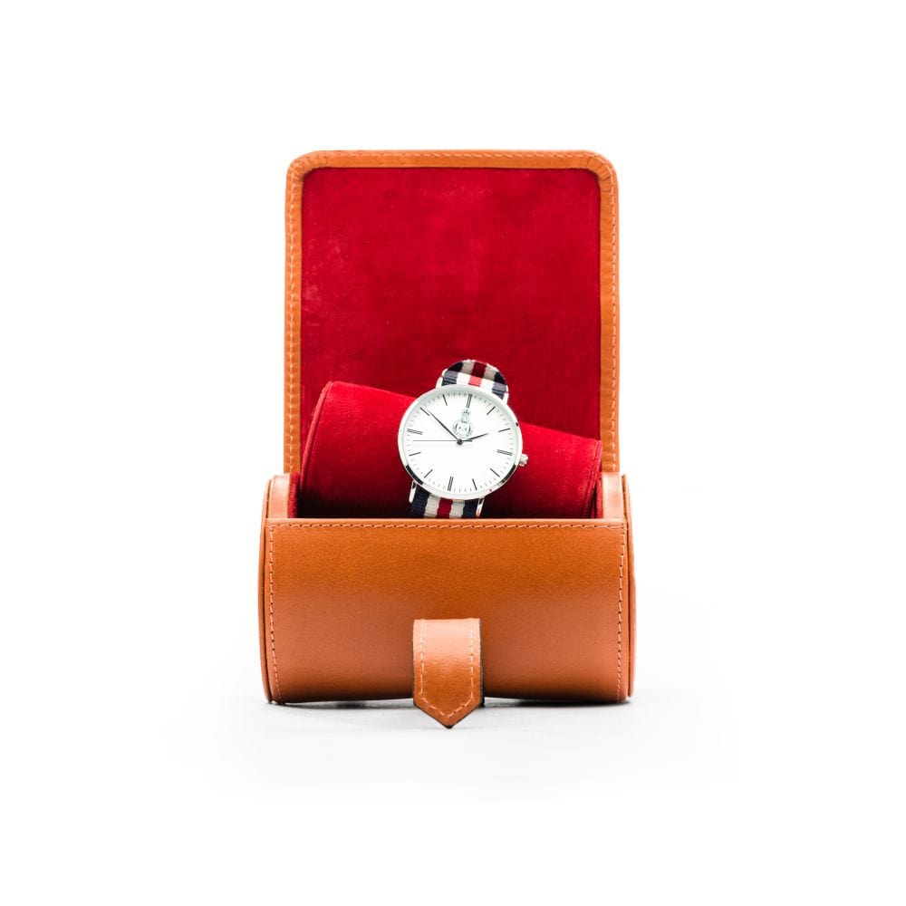Small leather watch roll, orange, inside