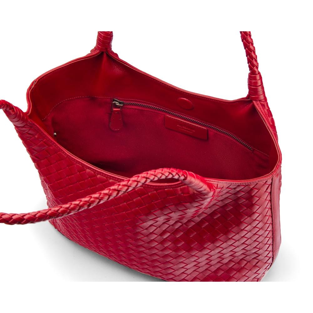 Woven leather shoulder bag, oxblood red, open
