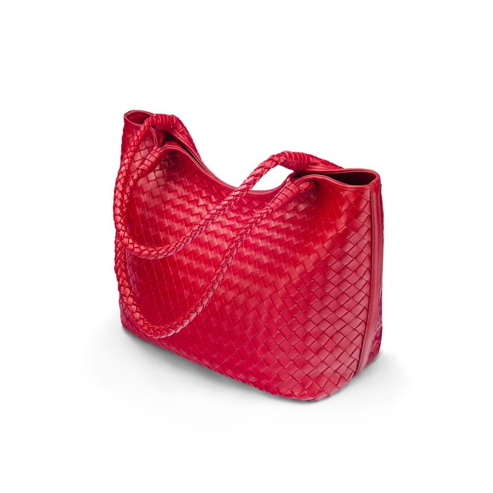 Woven leather shoulder bag, oxblood red, side