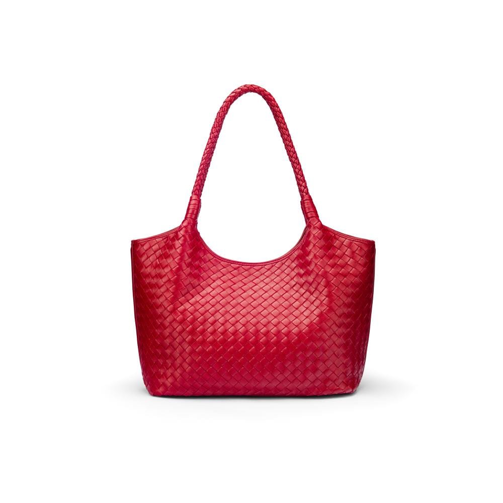 Woven leather shoulder bag, oxblood red, front