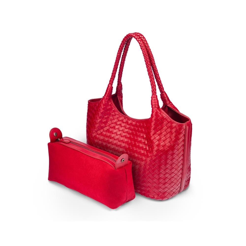 Woven leather shoulder bag, oxblood red, with detachable inner bag