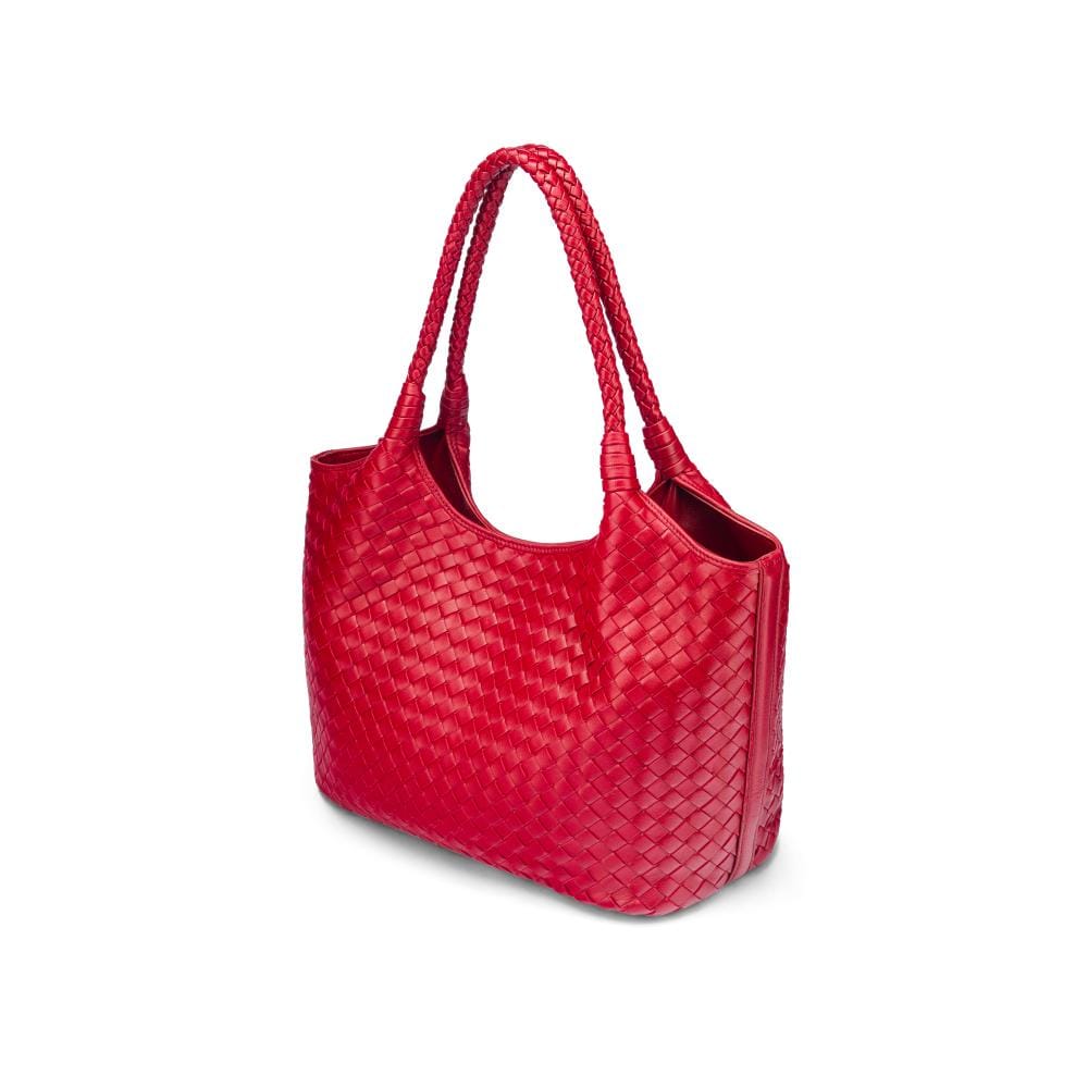 Woven leather shoulder bag, oxblood red, side view