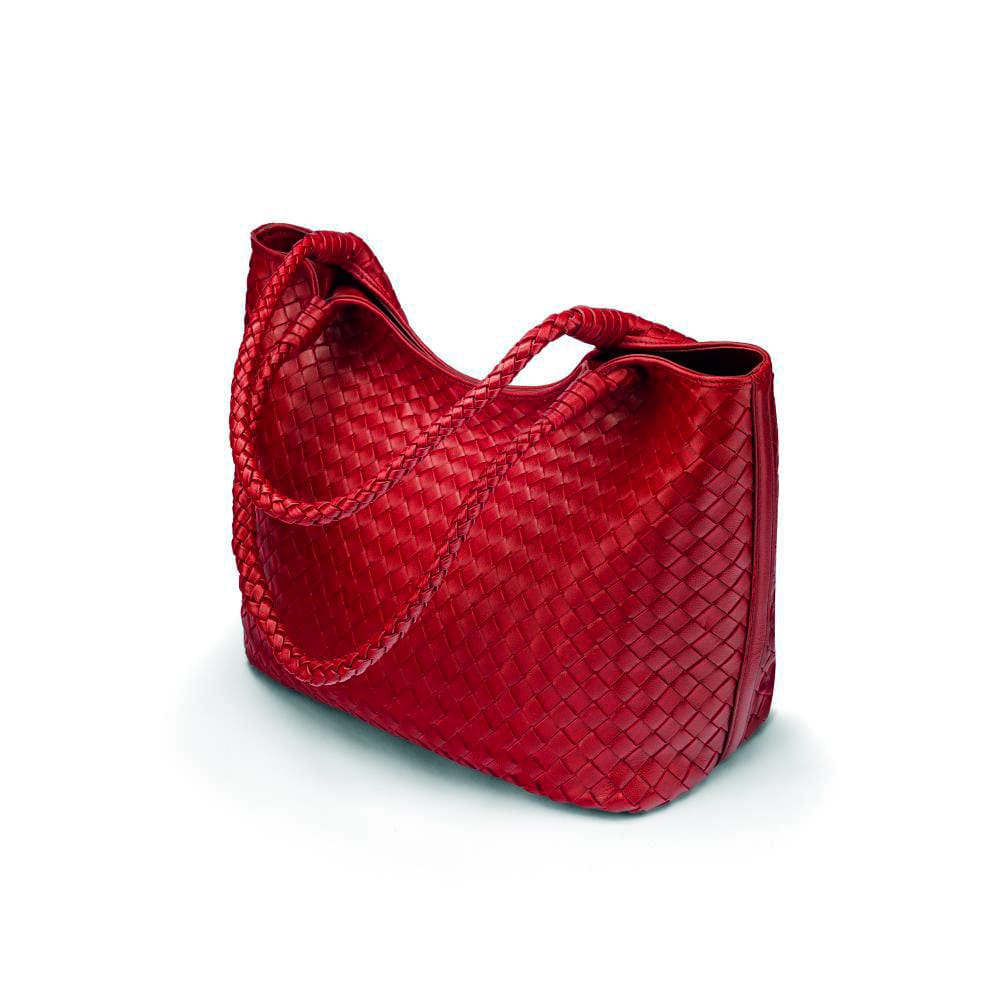 Woven leather shoulder bag, oxblood red, side