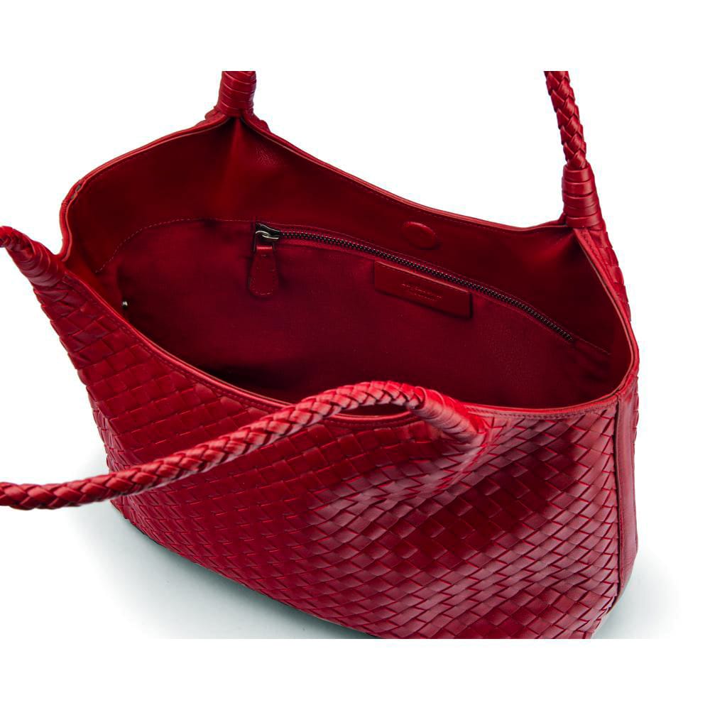 Woven leather shoulder bag, oxblood red, open